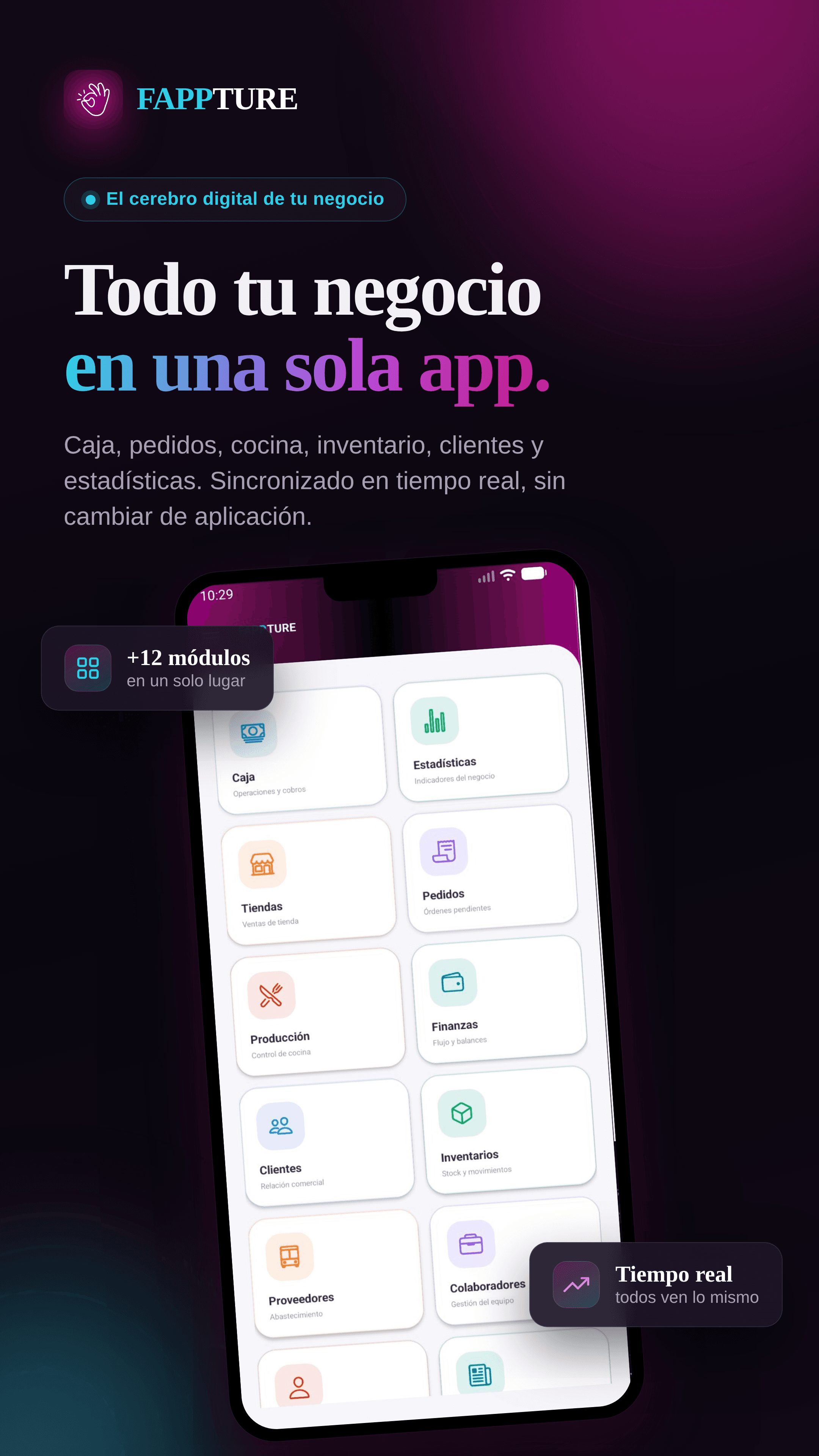 Fappture Home — más de 12 módulos en un solo lugar: caja, estadísticas, tiendas, pedidos, producción, finanzas, clientes e inventarios.