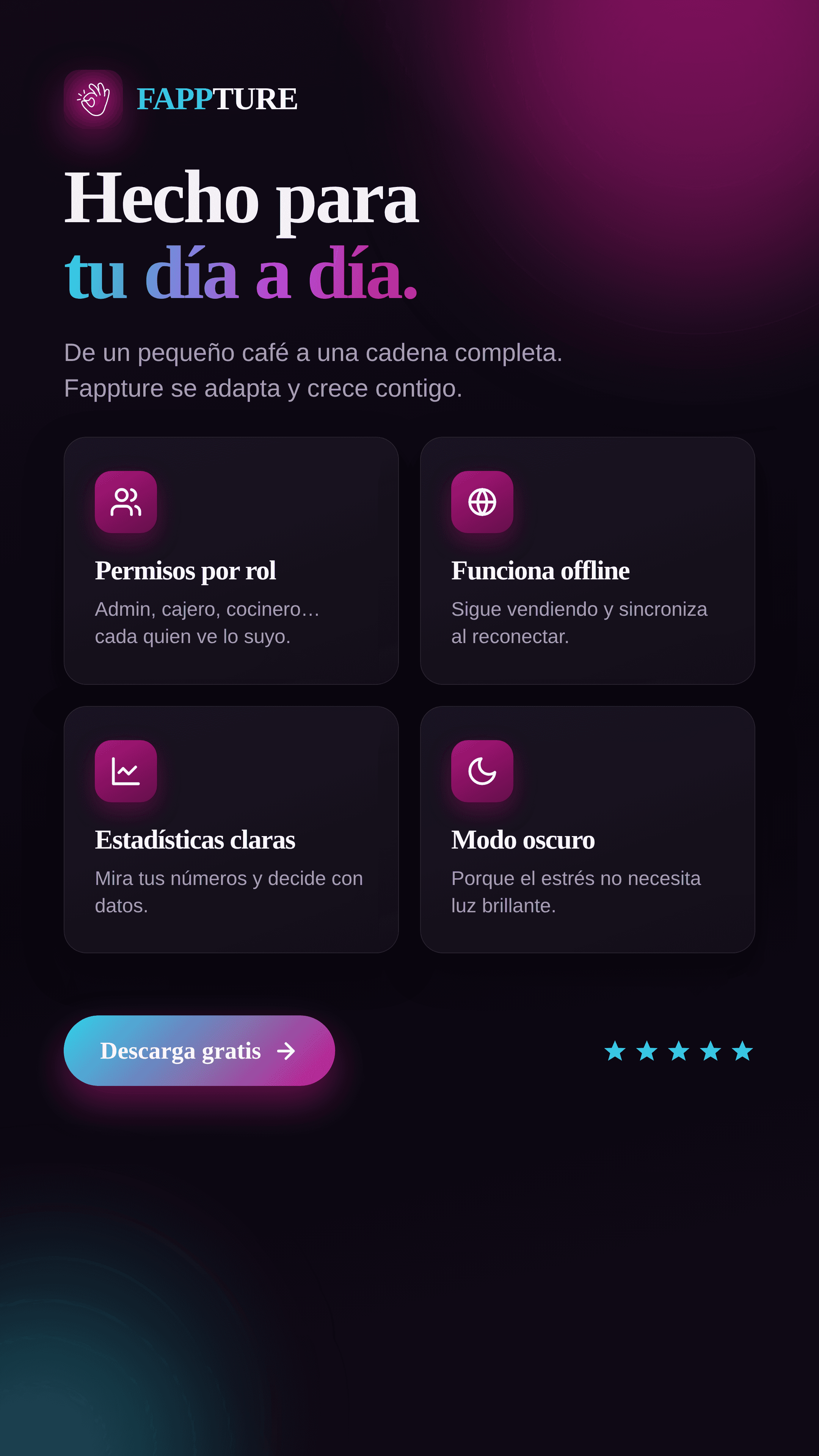 Fappture — Permisos por rol, funciona offline, estadísticas claras y modo oscuro. Hecho para tu día a día.